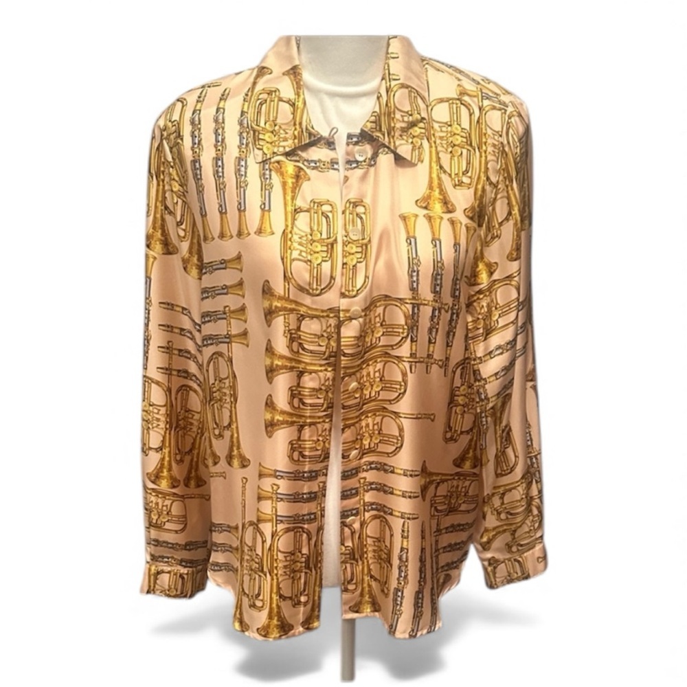 Vtg Louis Feraud Cream Gold Musical Pattern Button Up 100% Silk Blouse Women 10